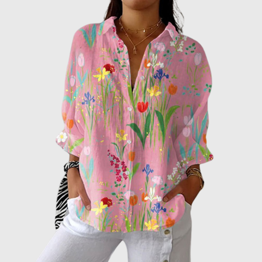Blusa de Botones con Estampado de Jardín Primaveral