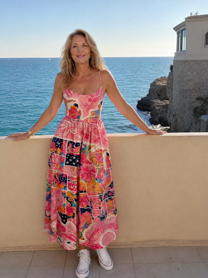 Valeria Vestido midi con patchwork floral en rosa