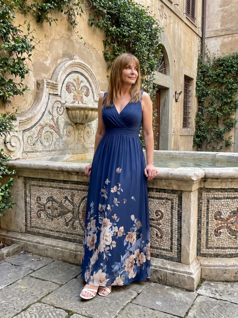Ana Paula Vestido largo con flores en el ruedo en azul marino