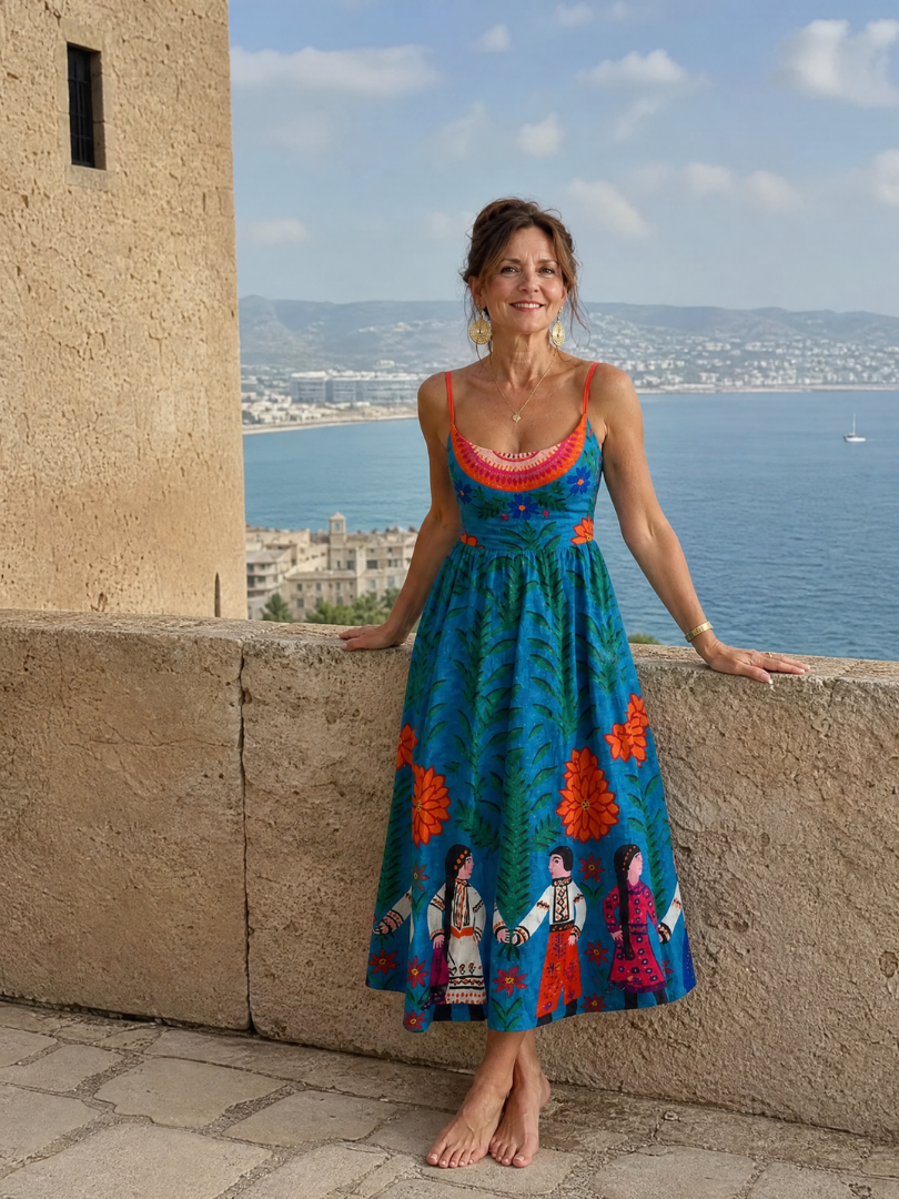 Abril Vestido midi con estampado folclórico en azul