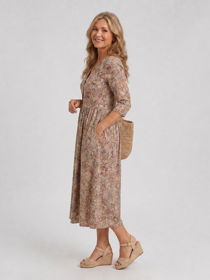 Lorena Vestido midi con flores pequeñas en beige