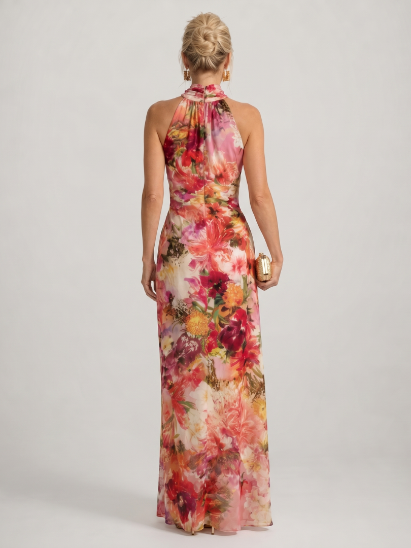 Verónica Vestido largo con estampado floral en rojo