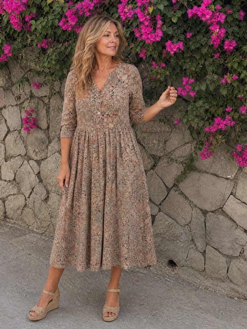 Lorena Vestido midi con flores pequeñas en beige