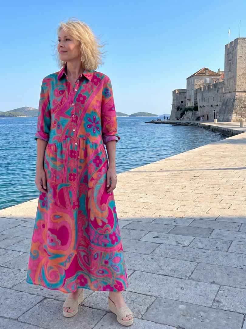 Marcela Vestido camisero con estampado de ornamentos