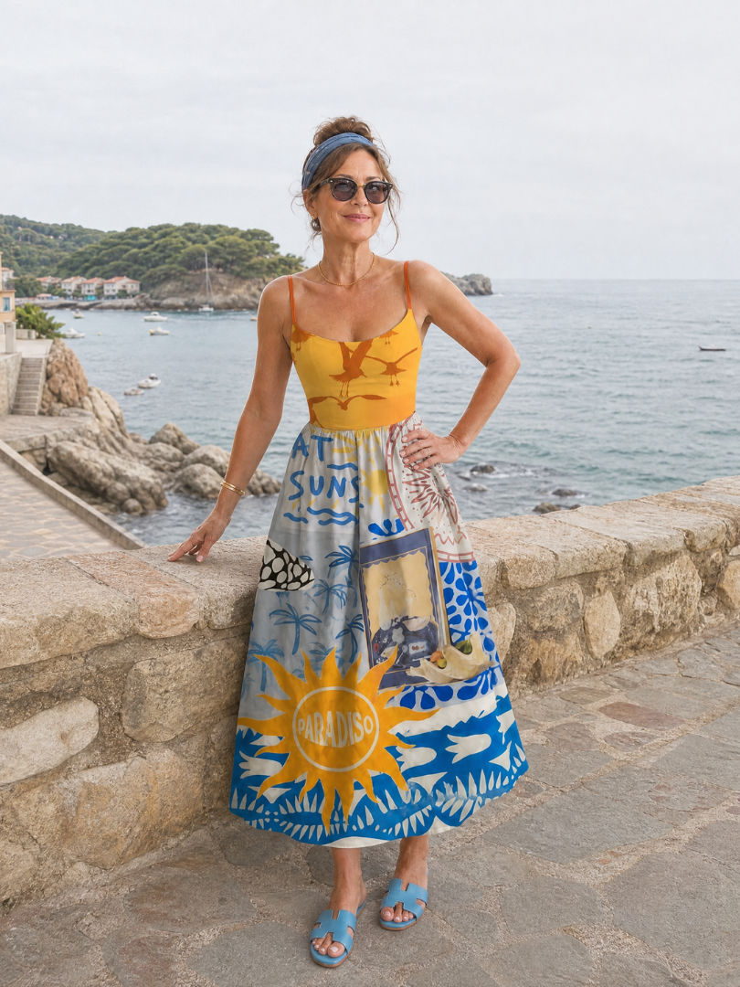 Rebeca Vestido midi con estampado mediterráneo en amarillo y azul