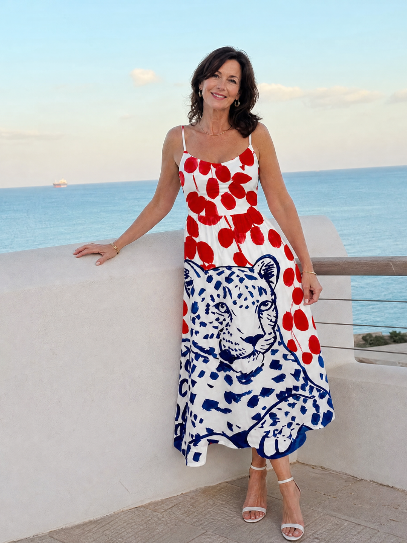 Lizeth Vestido midi con estampado de leopardo y puntos