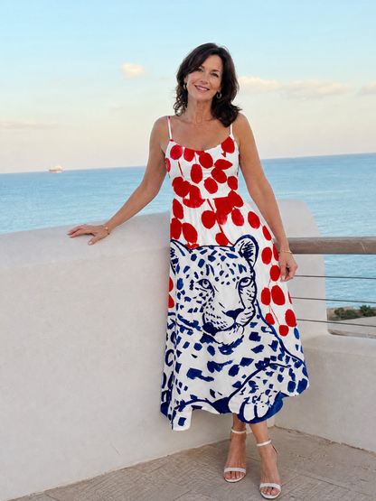 Lizeth Vestido midi con estampado de leopardo y puntos