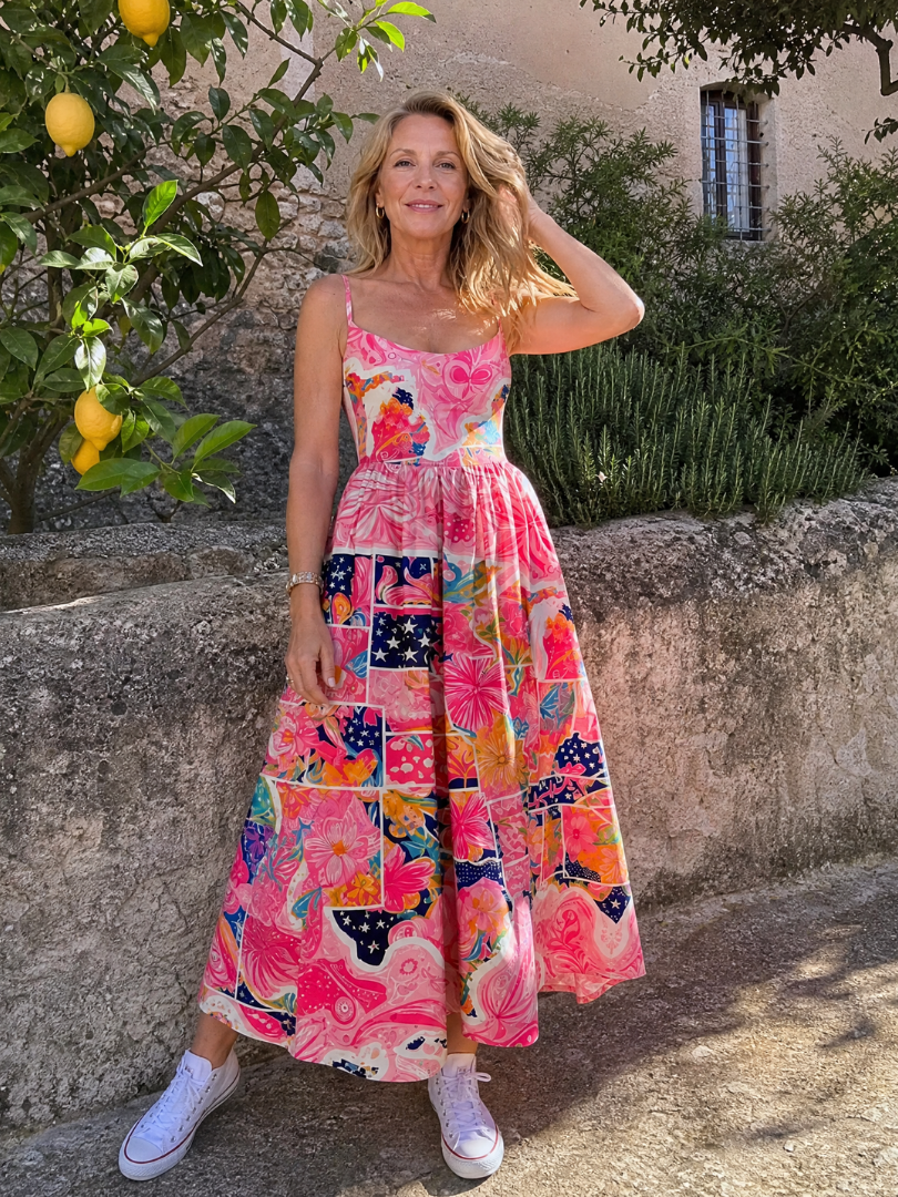 Valeria Vestido midi con patchwork floral en rosa