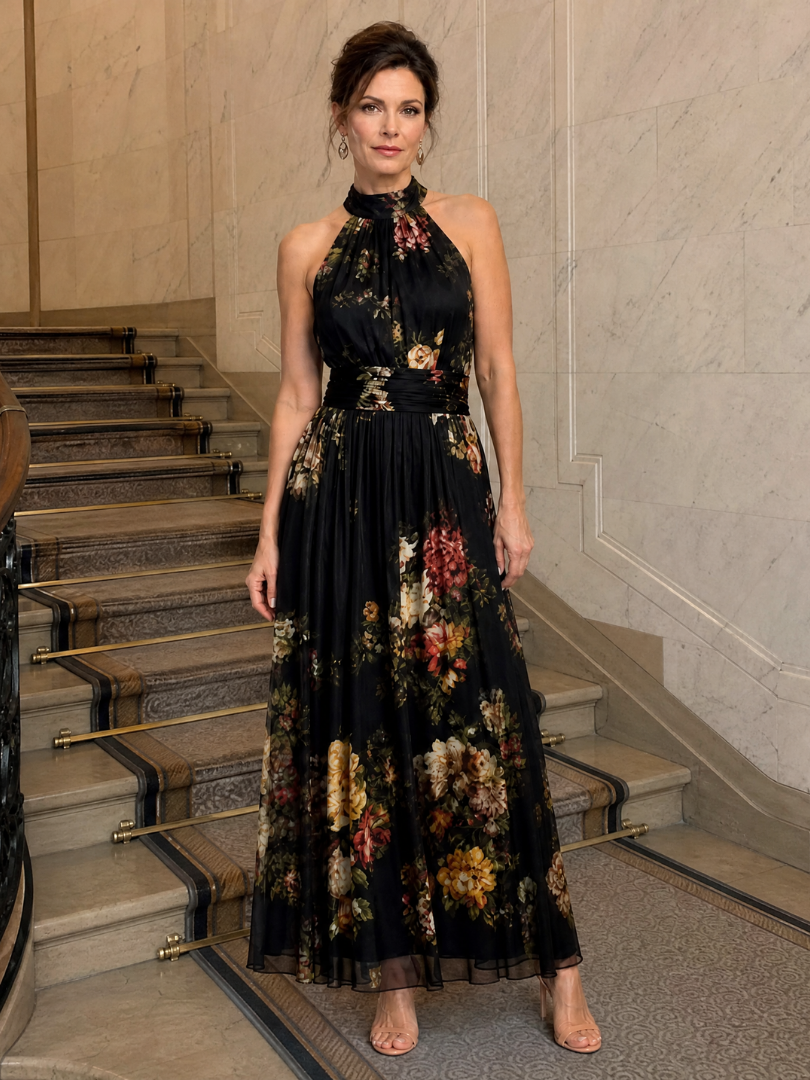 Ana Laura Vestido largo con rosas sobre negro