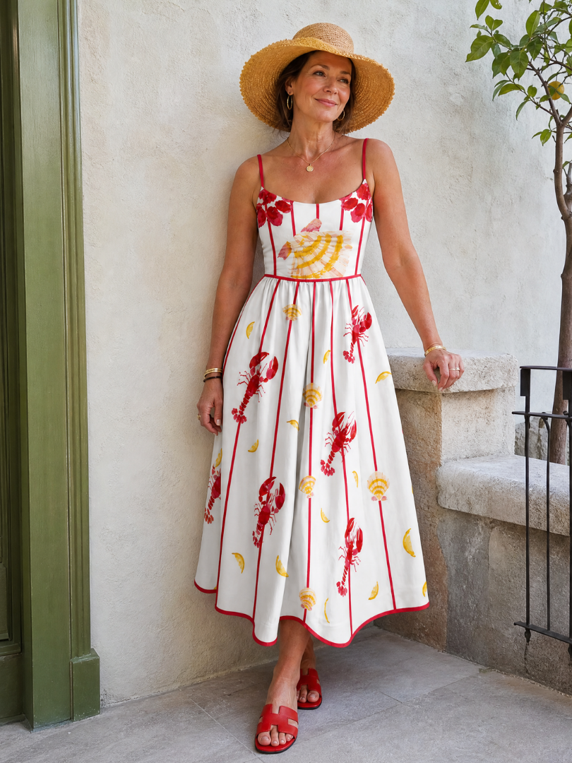 Jazmín Vestido midi con estampado de langostas y conchas