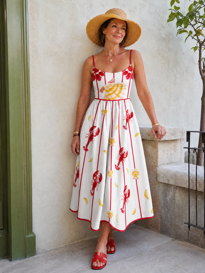 Jazmín Vestido midi con estampado de langostas y conchas
