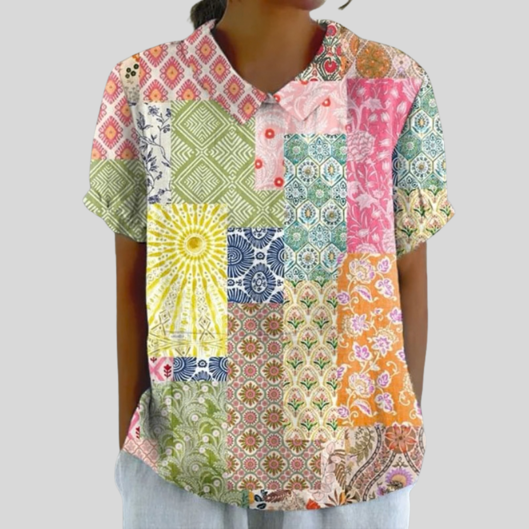 Blusa de Botones de Manga Corta con Estampado Patchwork Boho