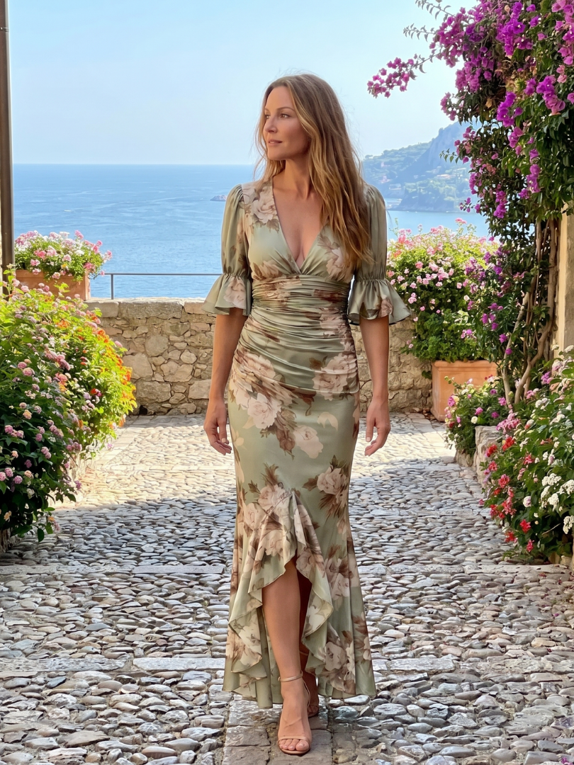 Ana Sofía Vestido midi con estampado floral en salvia