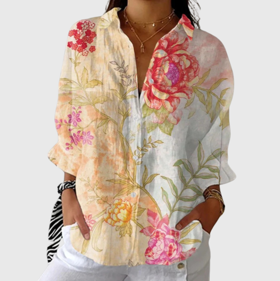 Blusa de Botones con Estampado de Peonías