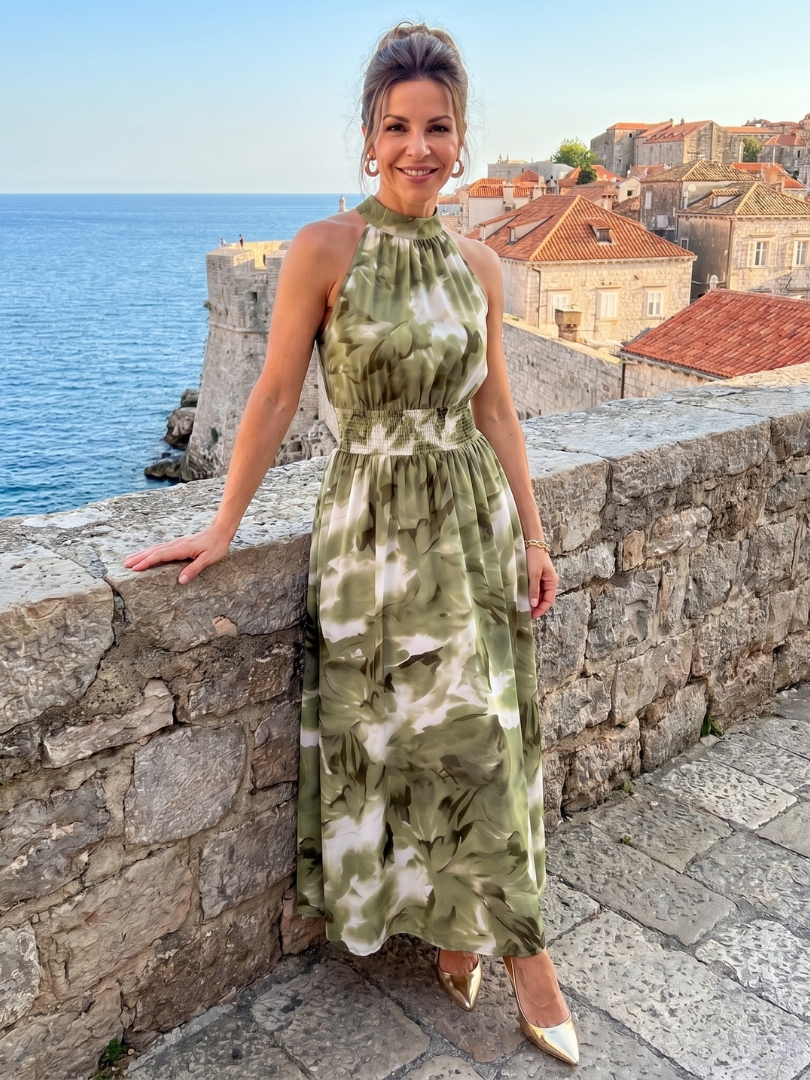 Ana Bárbara Vestido midi con estampado acuarela en olivo