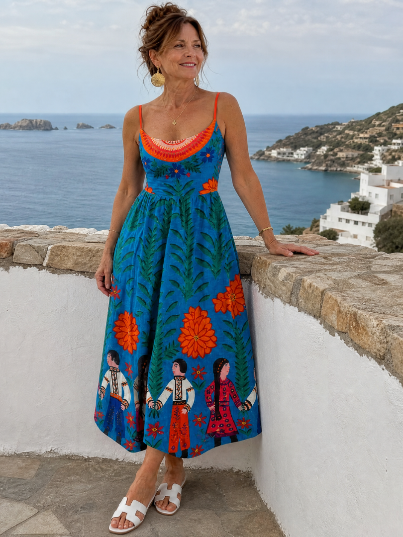 Abril Vestido midi con estampado folclórico en azul