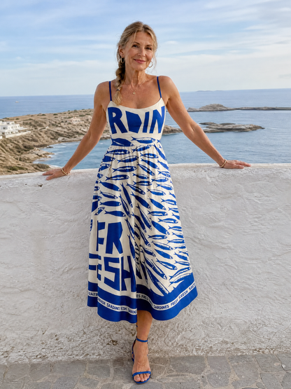 Alma Vestido midi con estampado de peces en azul