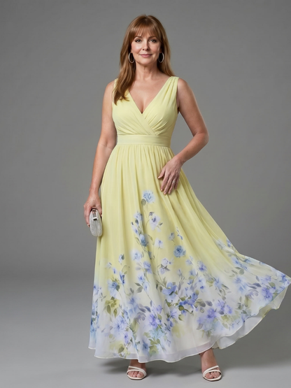 Ana Paula Vestido largo con flores en el ruedo en azul marino
