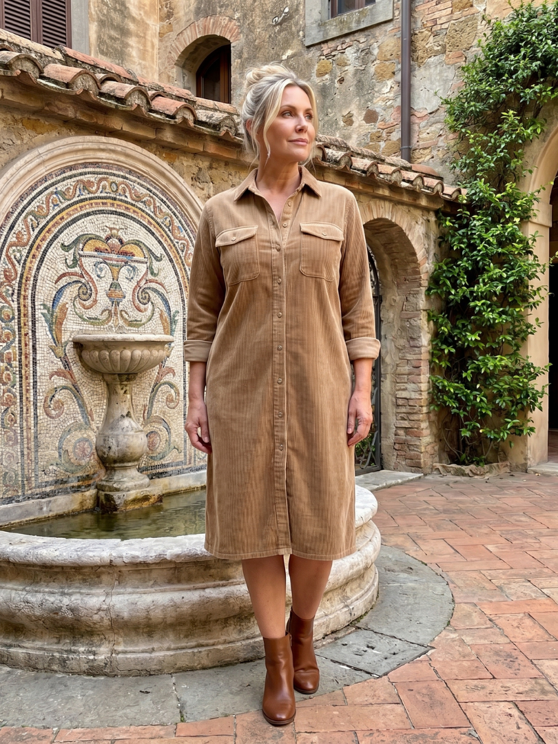 Rocío Vestido camisero en camel tipo pana
