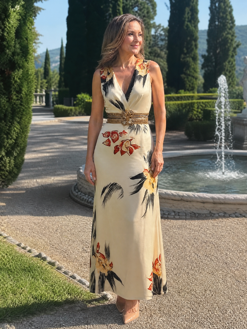 Josefina Vestido sin mangas con estampado floral sobre crema