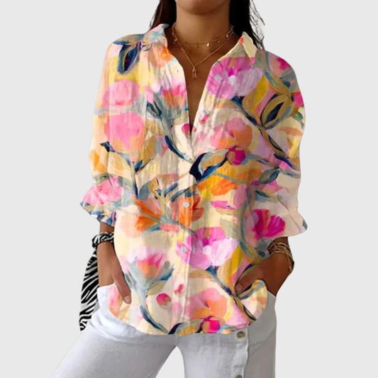 Blusa de Botones con Estampado Floral en Tonos Cálidos