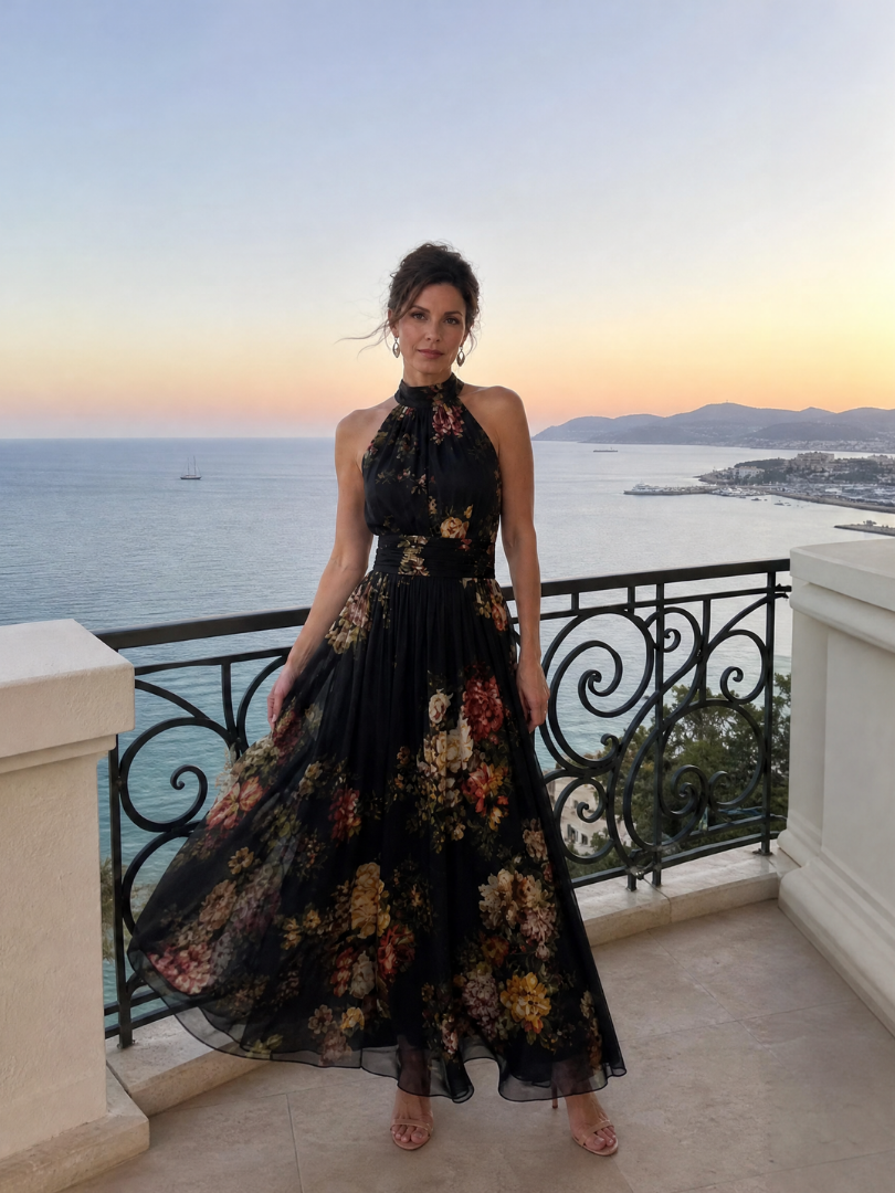 Ana Laura Vestido largo con rosas sobre negro