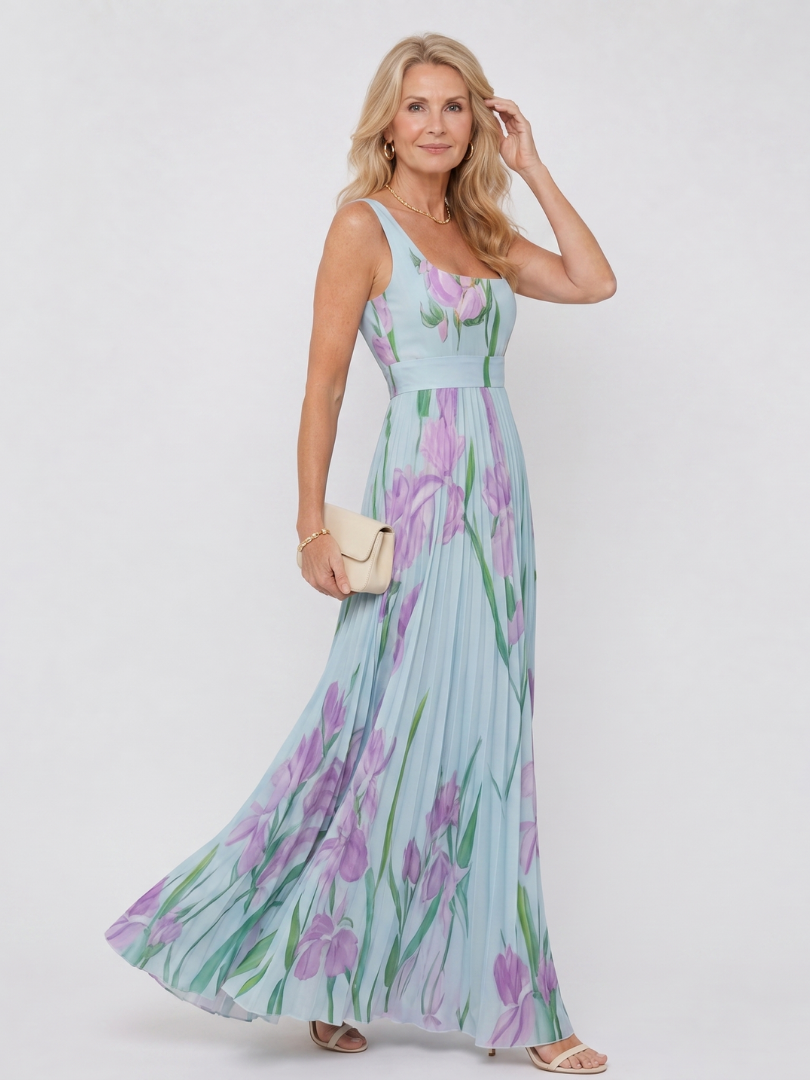 Margarita Vestido plisado con estampado de tulipanes