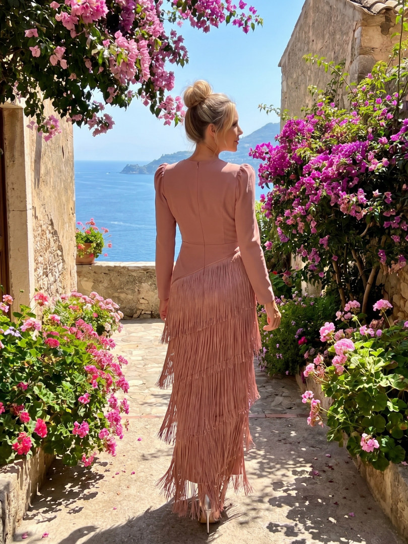 Paloma Vestido midi con flecos en verde salvia