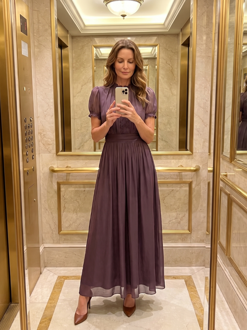 María Elena Vestido largo en ciruela con manga abullonada