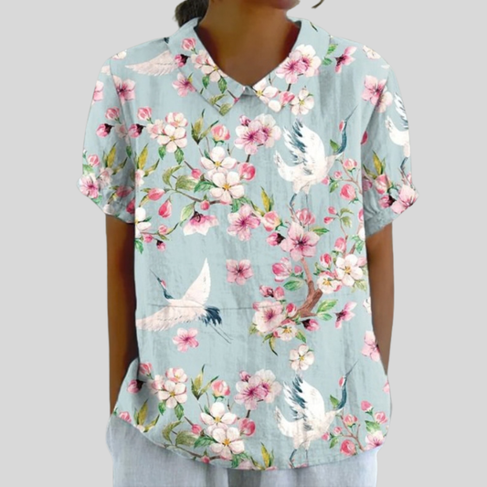Blusa de Botones de Manga Corta con Estampado de Cerezos y Grullas