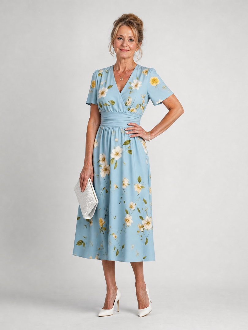 Leticia Vestido midi con estampado floral en azul claro