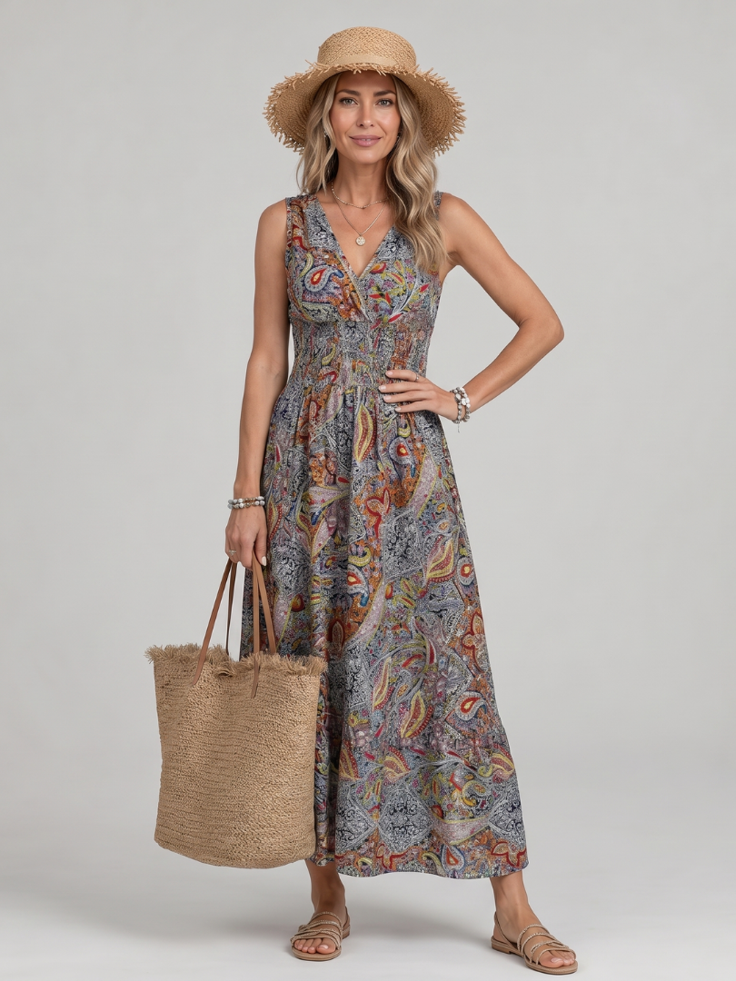 Maribel Vestido largo con estampado paisley en turquesa