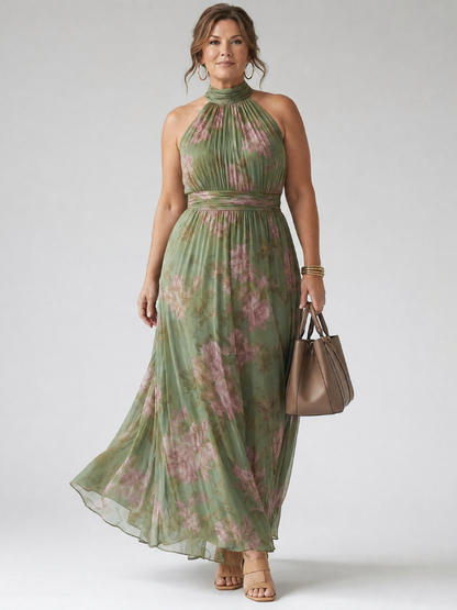 Rosa María Vestido midi con rosas sobre salvia