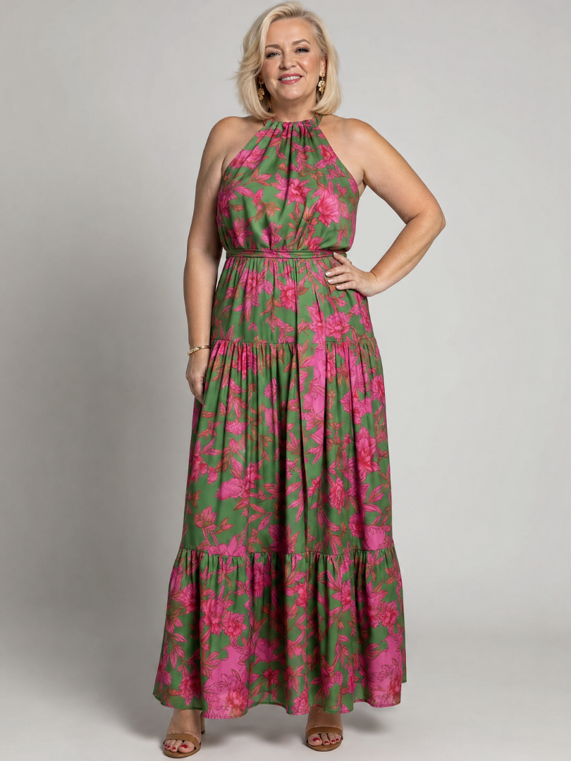 María Isabel Vestido midi con estampado floral en verde y rosa