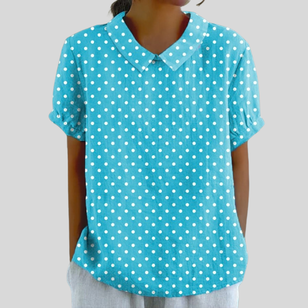 Blusa de Botones de Manga Corta con Estampado de Lunares en Turquesa