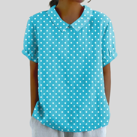 Blusa de Botones de Manga Corta con Estampado de Lunares en Turquesa