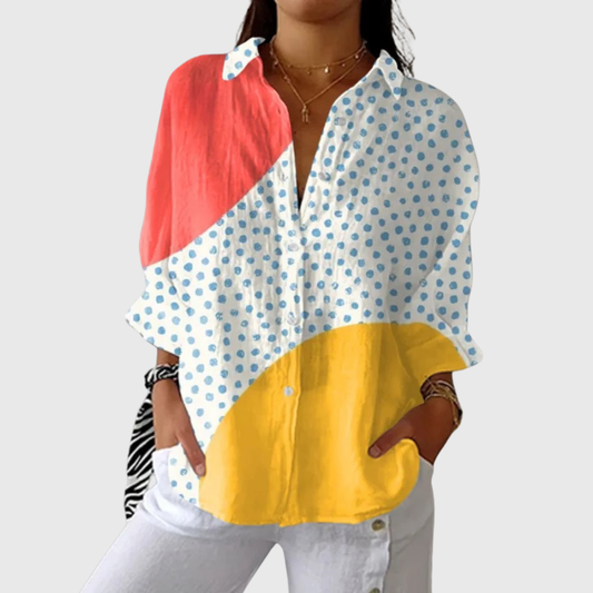 Blusa de Botones con Estampado Colorblock de Puntos