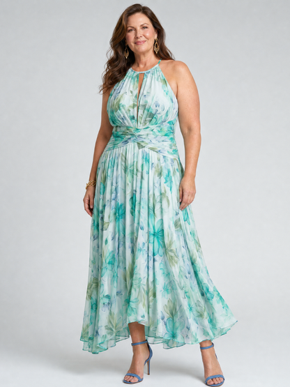 Rubí Vestido midi con flores en acuarela en verde menta