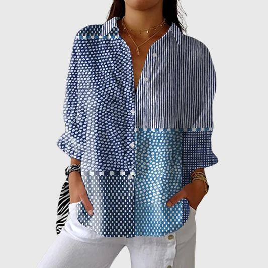 Blusa de Botones con Estampado de Puntos y Rayas en Azul