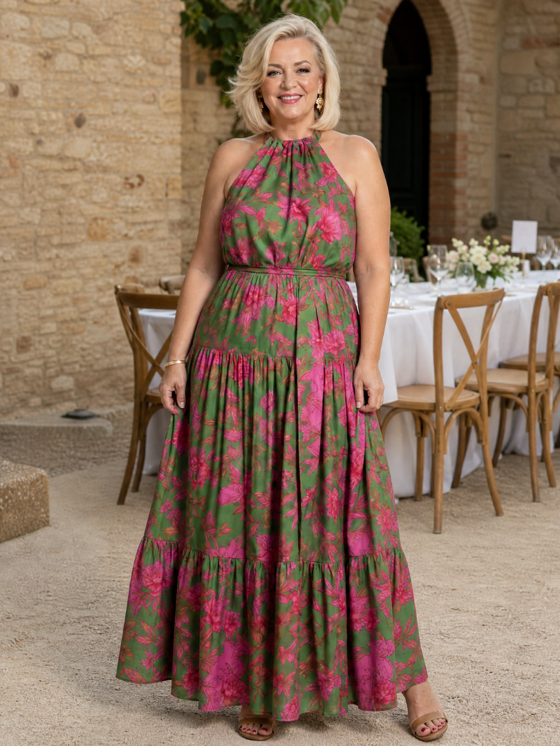 María Isabel Vestido midi con estampado floral en verde y rosa