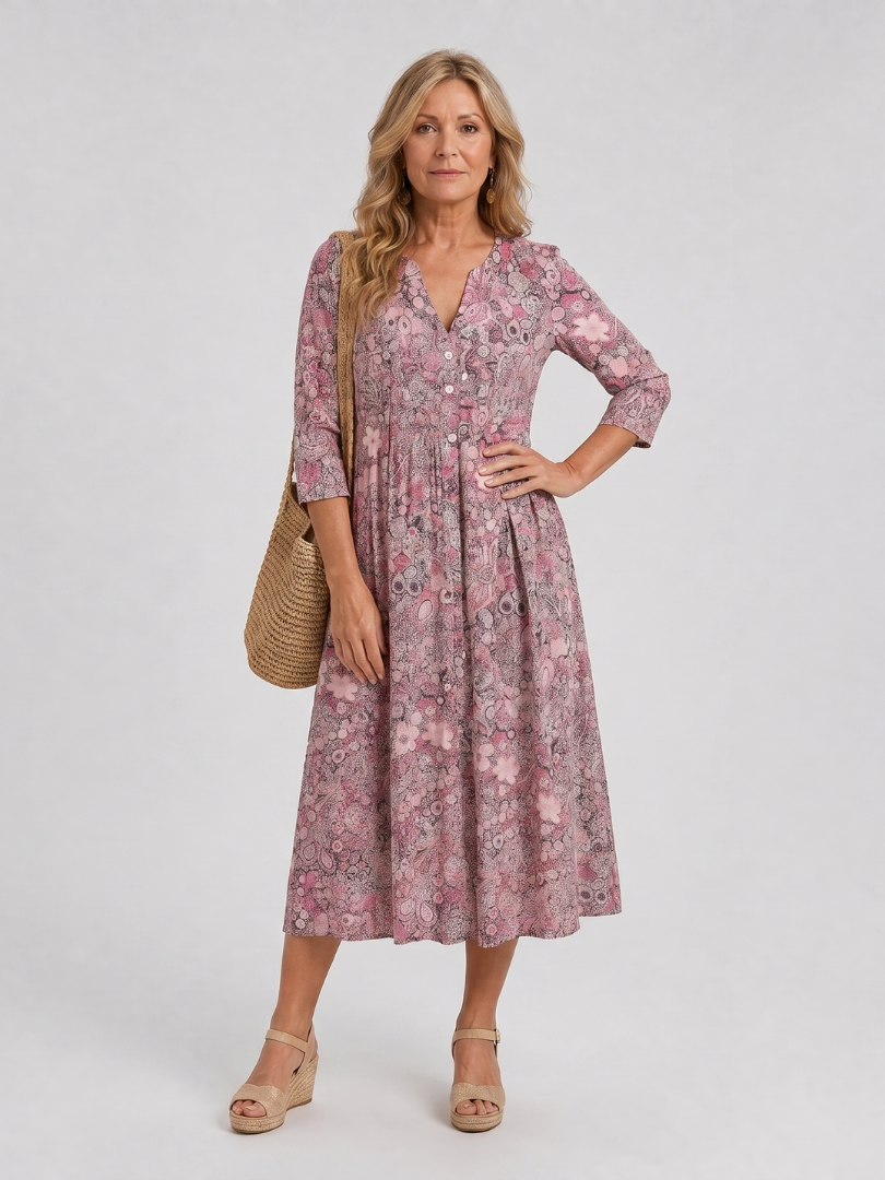 Lorena Vestido midi con flores pequeñas en beige