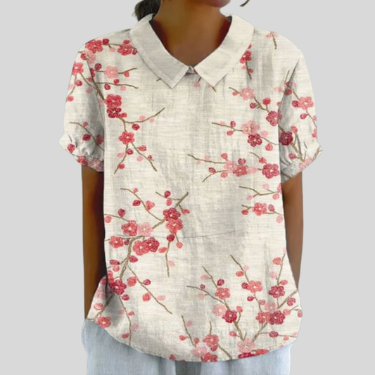 Blusa de Botones de Manga Corta con Estampado de Flor de Ciruelo