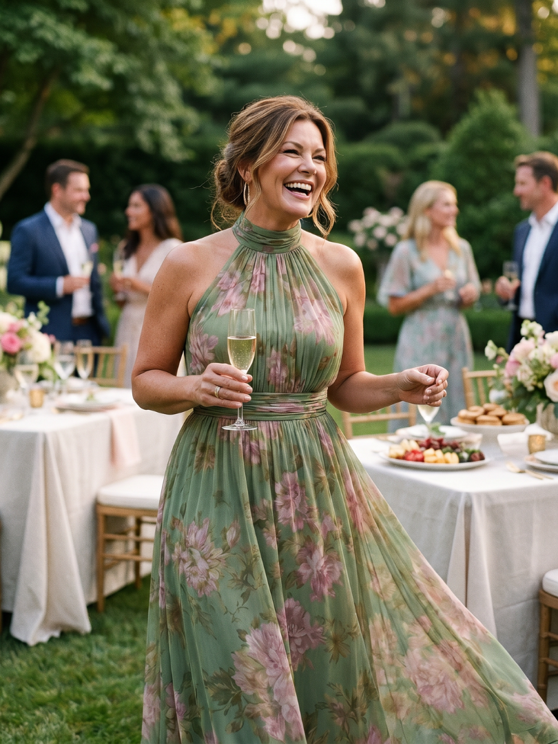 Rosa María Vestido midi con rosas sobre salvia