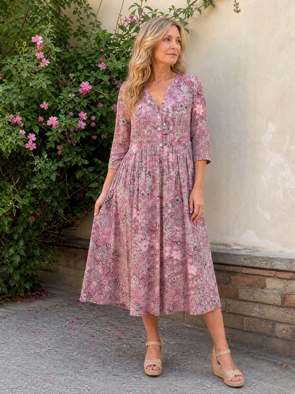 Lorena Vestido midi con flores pequeñas en beige