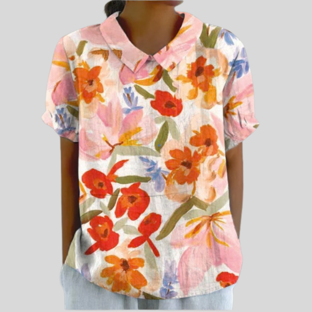 Blusa de Botones de Manga Corta con Estampado de Amapolas Coral