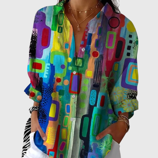 Blusa de Botones con Estampado Artístico Multicolor
