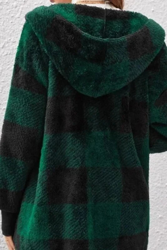 Lumíra | Béžovo-hnědá kostkovaná teddy bunda s kapucí
