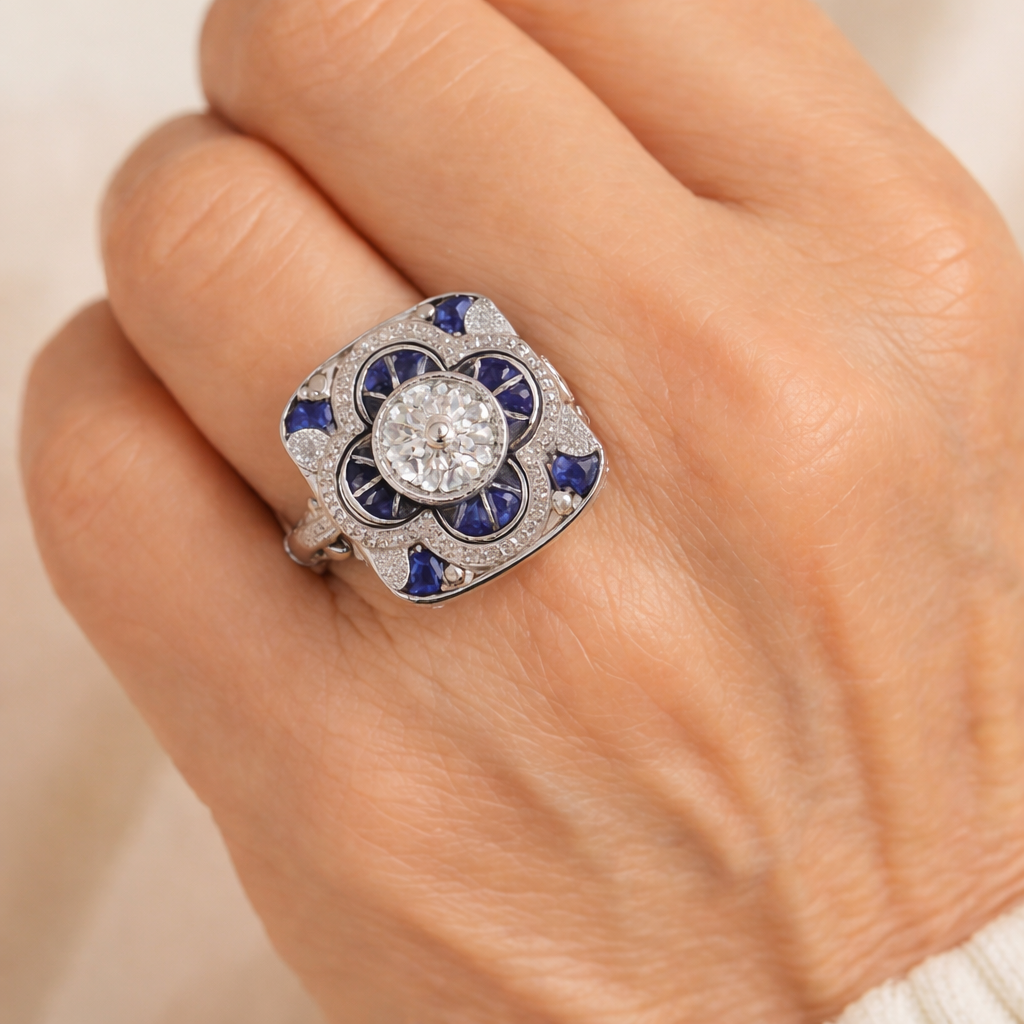 Anillo Retro de Plata con Zirconia Azul