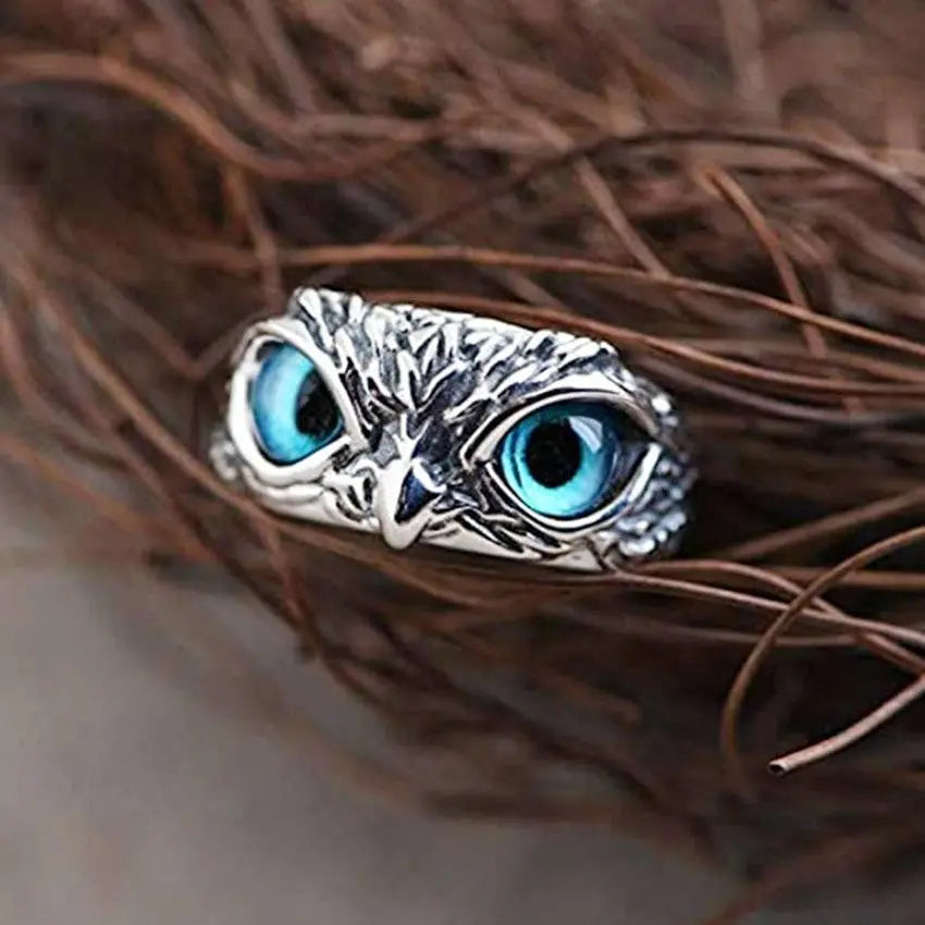 Anillo búho de la suerte ajustable en plata con ópalo
