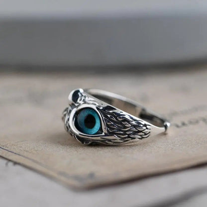 Anillo búho de la suerte ajustable en plata con ópalo